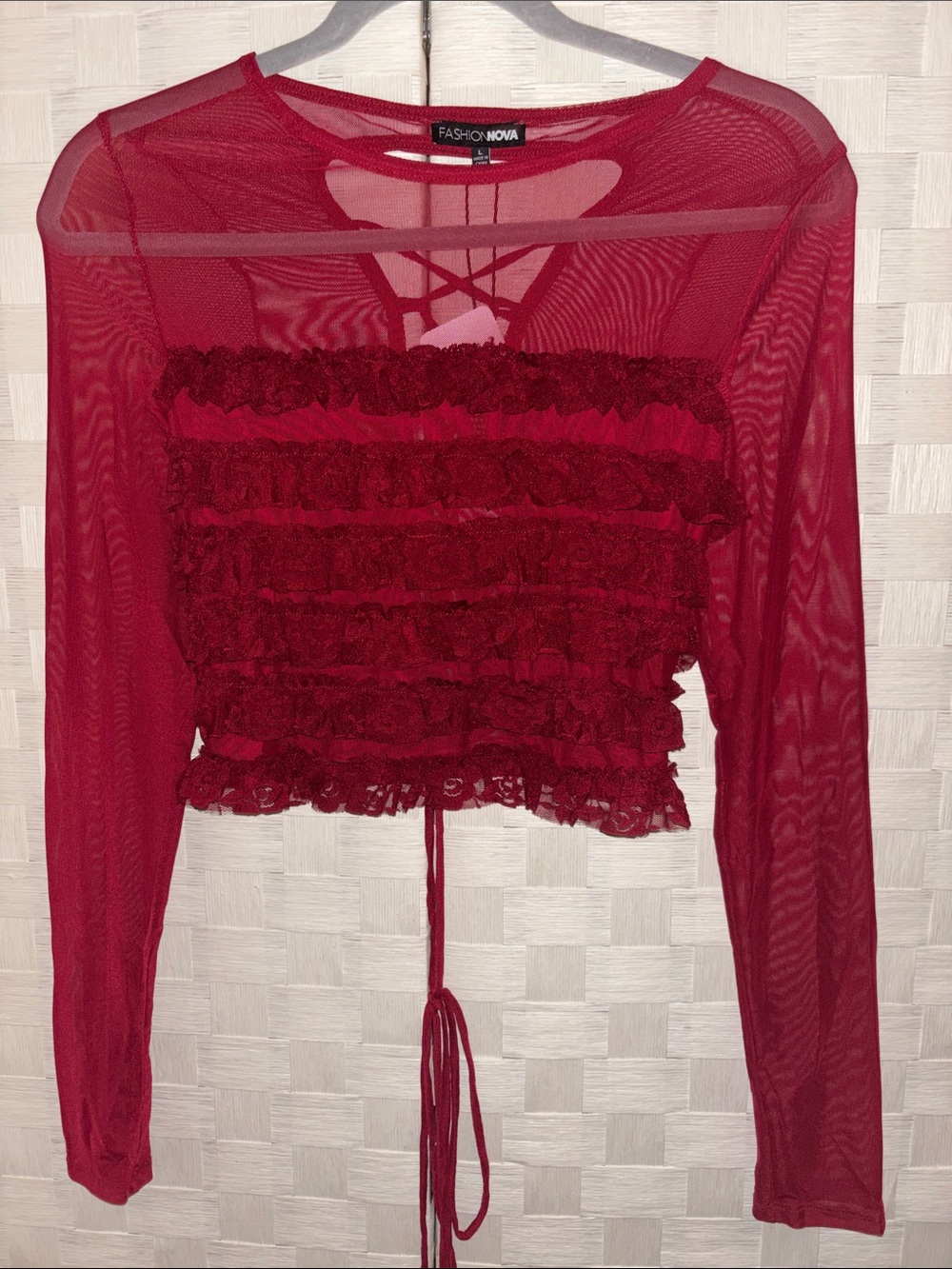 Fashion Nova Red Sheer Ruffle Long-Sleeve Cropped Top and Short Set